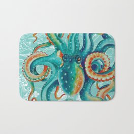 Teal Octopus On Light Teal Vintage Map Bath Mat | Shabbychic, Ink, Ocean, Sea, Marine, Pop Art, Octopus, Graphicdesign, Teal, Watercolor 