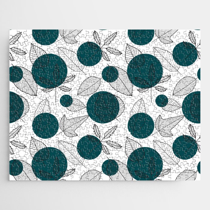 Hand Drawn Black Skeleton Leaves on Teal Blue Polka Dot Seamless Pattern Jigsaw Puzzle