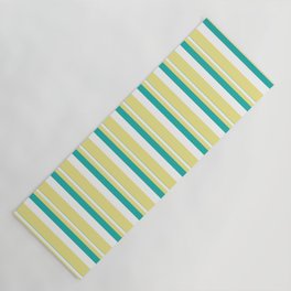[ Thumbnail: Light Sea Green, White, and Tan Colored Stripes/Lines Pattern Yoga Mat ]