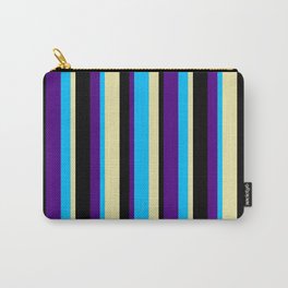 [ Thumbnail: Deep Sky Blue, Indigo, Black, and Pale Goldenrod Colored Pattern of Stripes Carry-All Pouch ]