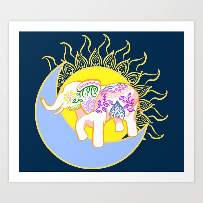 Boho Floral Elephant Sun and Moon Art Print