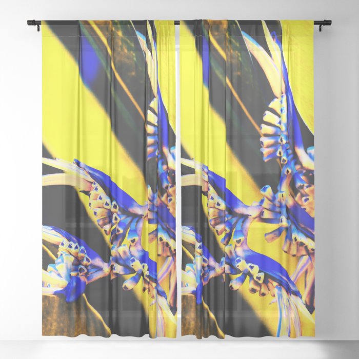 Purple Violet Infrared Helicon Flower With Palm Leaves Sheer Curtain
