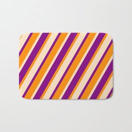 [ Thumbnail: Bisque, Purple, and Dark Orange Colored Lined/Striped Pattern Bath Mat ]