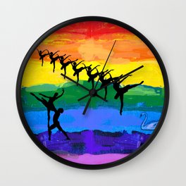 Swan lake - ballet dancer figures in rainbow colors background Wall Clock