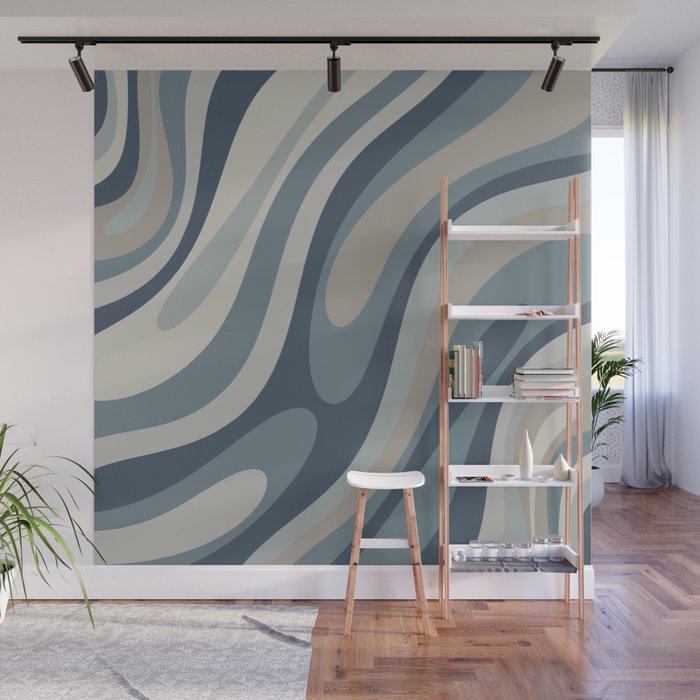 Wavy Loops Abstract Pattern in Neutral Blue Grey Tones Wall Mural