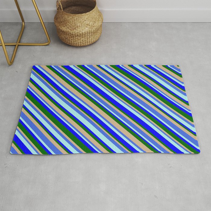 Eye-catching Tan, Royal Blue, Turquoise, Blue & Dark Green Colored Pattern of Stripes Rug