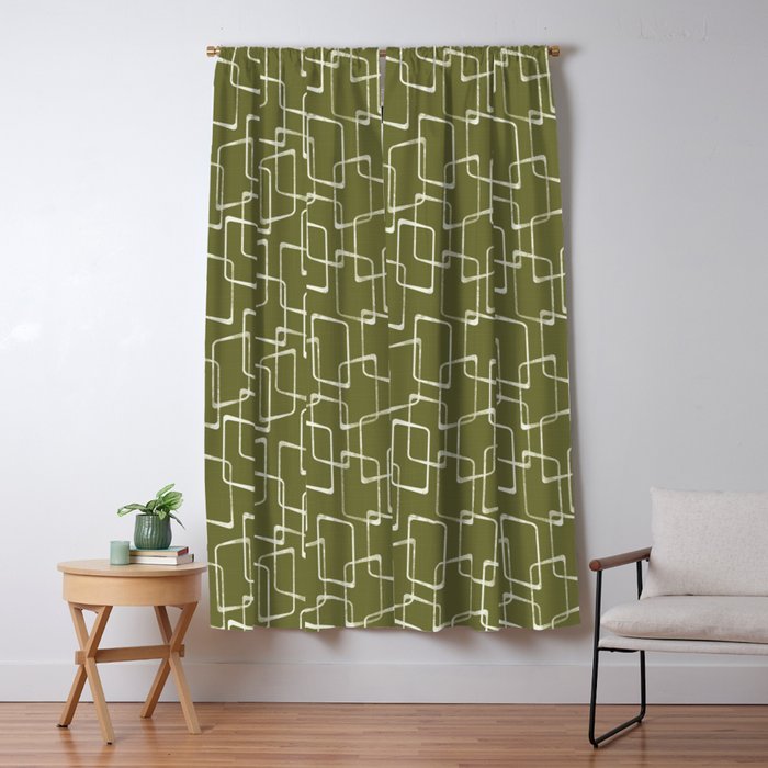 Avocado Green Retro Geometric Pattern Blackout Curtain By