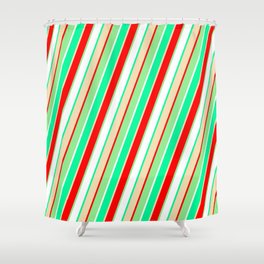 [ Thumbnail: Eye-catching Green, Tan, Red, Light Green, and White Colored Pattern of Stripes Shower Curtain ]