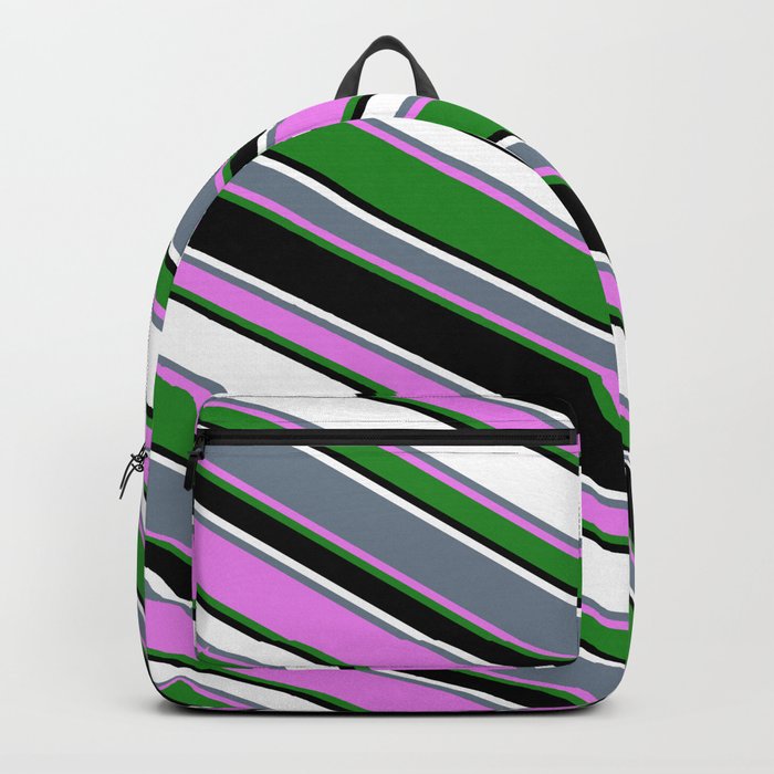 Vibrant Slate Gray, Violet, Forest Green, Black, and White Colored Stripes Pattern Backpack