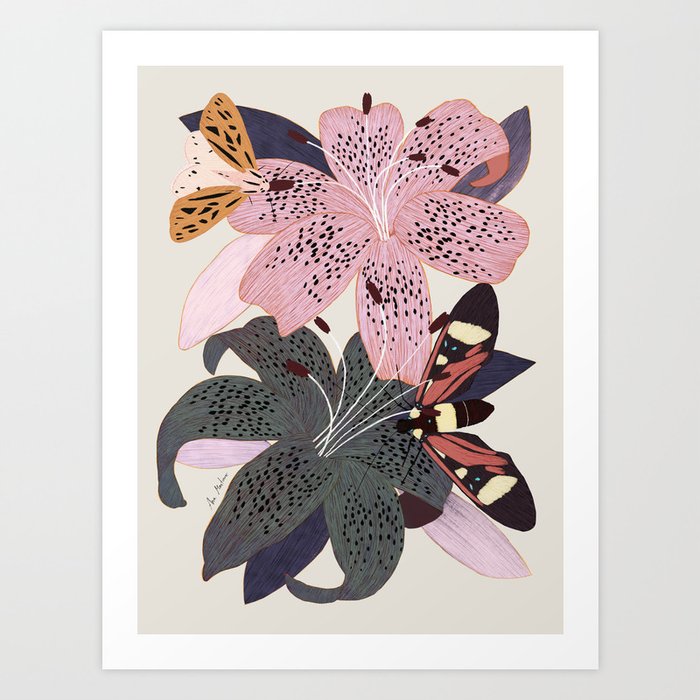 Lilies and butterflies insects Art Print