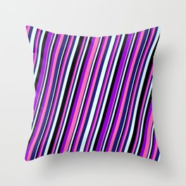[ Thumbnail: Dark Violet, Hot Pink, Midnight Blue, Light Cyan & Black Colored Lined/Striped Pattern Throw Pillow ]