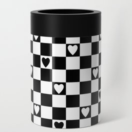 Checkered hearts black and white Can Cooler