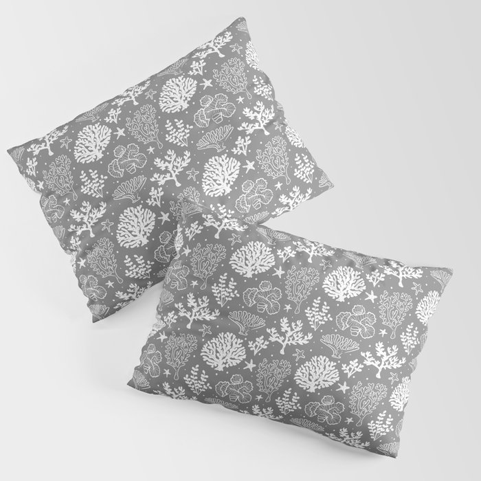 Grey And White Coral Silhouette Pattern Pillow Sham