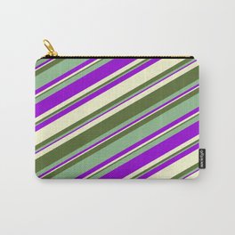 [ Thumbnail: Dark Sea Green, Dark Violet, Light Yellow & Dark Olive Green Colored Stripes Pattern Carry-All Pouch ]
