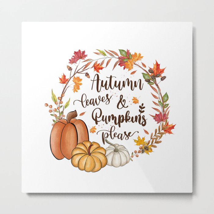 Autumn leaves pumpkin fall season design Metal Print