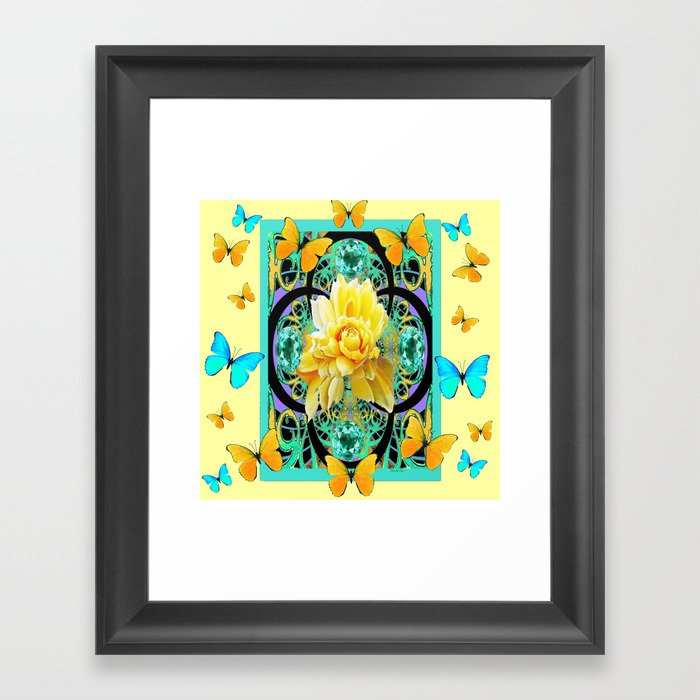 Yellow & Turquoise Butterflies & Rose Pattern Framed Art Print