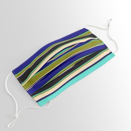 [ Thumbnail: Turquoise, Green, Beige, Blue & Black Colored Striped/Lined Pattern Face Mask ]