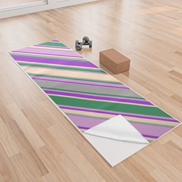 [ Thumbnail: Colorful Dark Orchid, Bisque, Dark Gray, Sea Green & Plum Colored Lines Pattern Yoga Towel ]