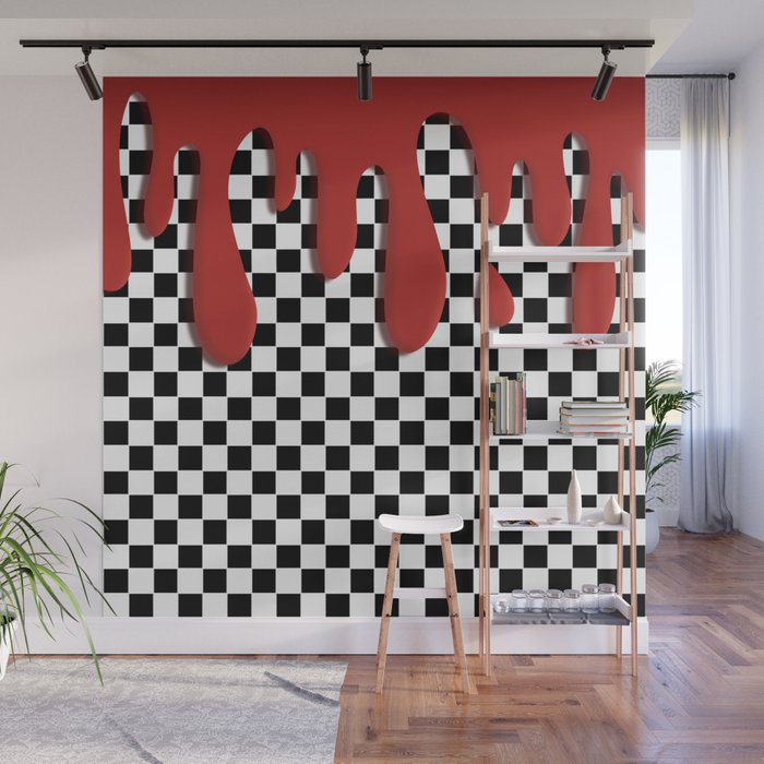 Red Drip on Squares Wall Mural