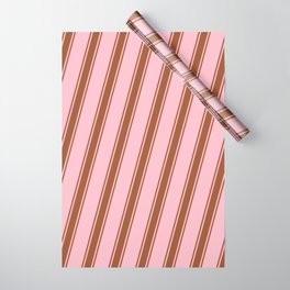 [ Thumbnail: Pink and Sienna Colored Pattern of Stripes Wrapping Paper ]