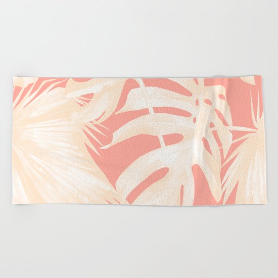 Tropical Coral Pink Palm Leaf Pattern Beach Towel