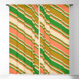 [ Thumbnail: Coral, Tan, Forest Green, and Dark Goldenrod Colored Stripes/Lines Pattern Blackout Curtain ]