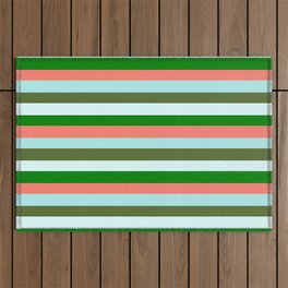 [ Thumbnail: Eyecatching Salmon, Turquoise, Dark Olive Green, Light Cyan & Green Colored Lines/Stripes Pattern Outdoor Rug ]