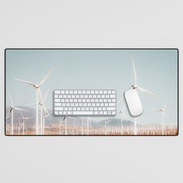 Wind turbine with mountain background in the desert at Kern County California USA Desk Mat
