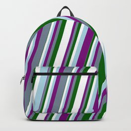 [ Thumbnail: Light Blue, Purple, Light Slate Gray, Dark Green & White Colored Striped Pattern Backpack ]