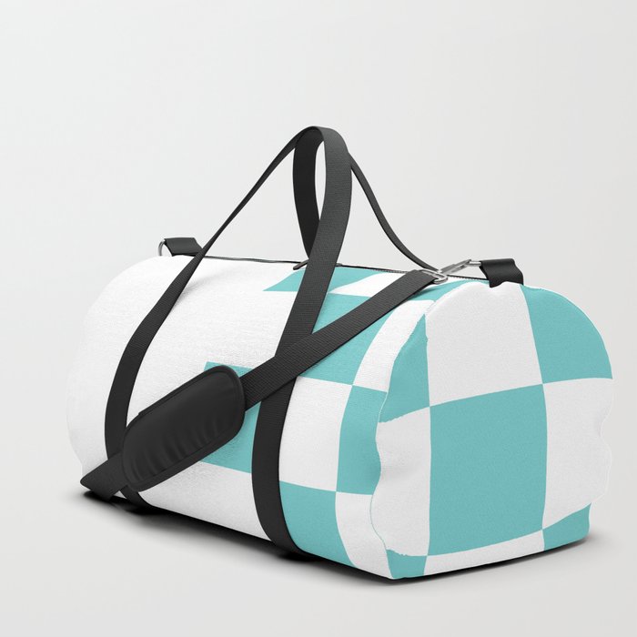 Turquoise Mint Green and White Chess With Solid White Vertical Split   Duffle Bag