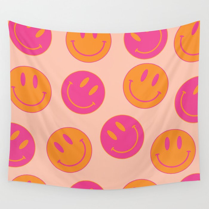 Happy Pink and Orange Smiley Faces Wall Tapestry