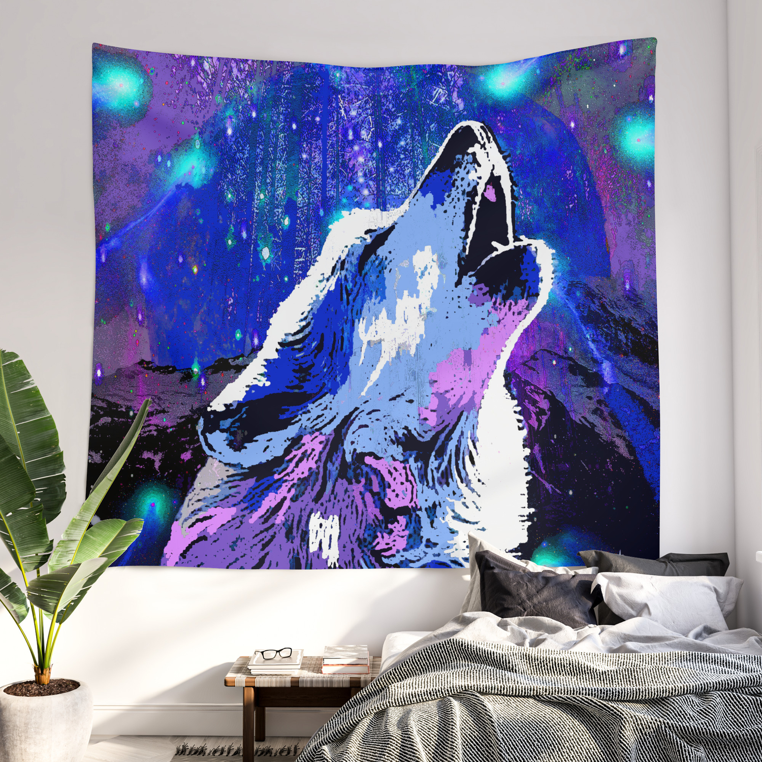 Living Room Bedroom Starry Sky Moon Stars Wolf Tapestry Hanging Top Wall Q9C0 