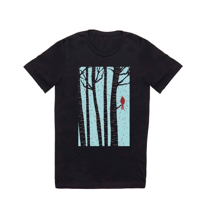 Winter Cardinal Birch Trees And Red Bird In Snow T Shirt