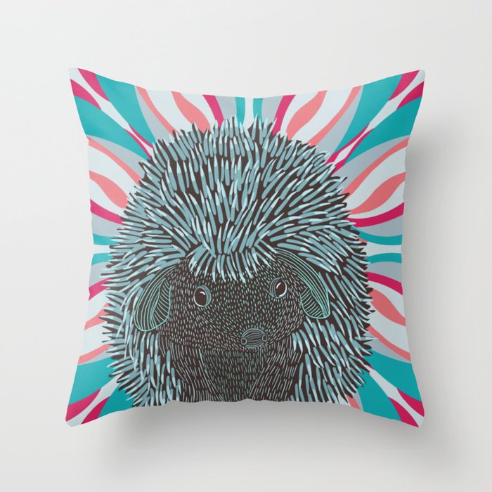 Cute hedgehog with floral pink and blue mandala background Throw Pillow