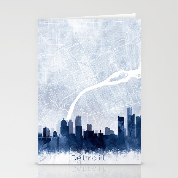 Detroit Skyline & Map Watercolor Navy Blue, Print by Zouzounio Art Stationery Cards
