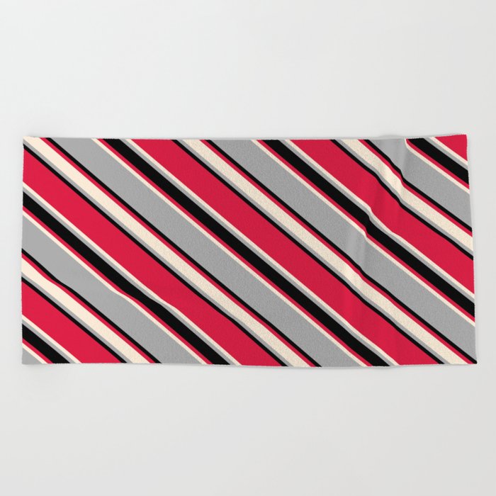 Crimson, Beige, Dark Grey, and Black Colored Lined/Striped Pattern Beach Towel