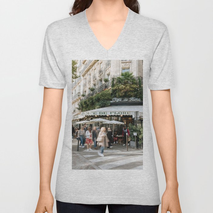 Cafe terrace "Cafe de Flore" in Paris during the fall, France | Red details | Street view | Green and nature colored buildings | Travel photography fine art Art Print V Neck T Shirt