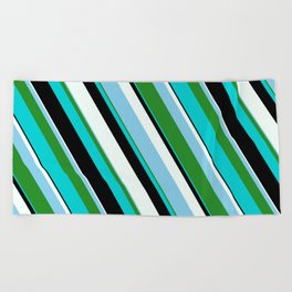 [ Thumbnail: Eye-catching Mint Cream, Sky Blue, Forest Green, Dark Turquoise & Black Colored Pattern of Stripes Beach Towel ]