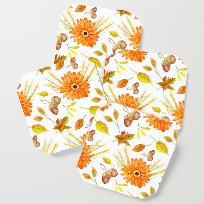 Autumn Orange Gerbera Daisy & Leaves Coaster