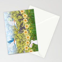 Eastern bluebirds, daffodils, and white rabbit Stationery Card