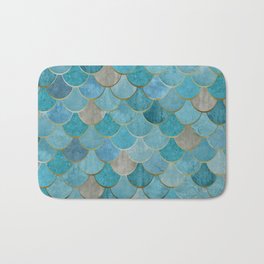 Moroccan Fish Scale Mermaid Pattern, Teal Blue and Gold Bath Mat