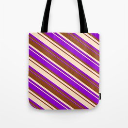[ Thumbnail: Dark Violet, Brown & Bisque Colored Striped Pattern Tote Bag ]