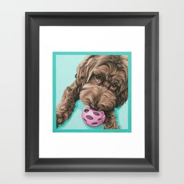Labradoodle Dog with a Ball Art, Cute Puppy with Toy, Labradoodle Portrait Framed Art Print