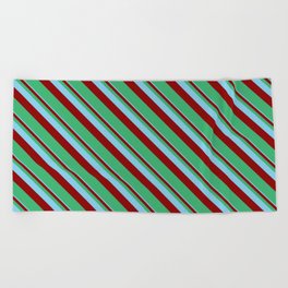 [ Thumbnail: Sky Blue, Dark Red & Sea Green Colored Striped Pattern Beach Towel ]