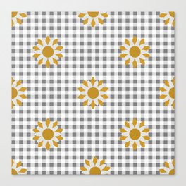 Gray Beige Colored Checker Board Effect Grid Illustration with Yellow Mustard Daisy Flowers Canvas Print