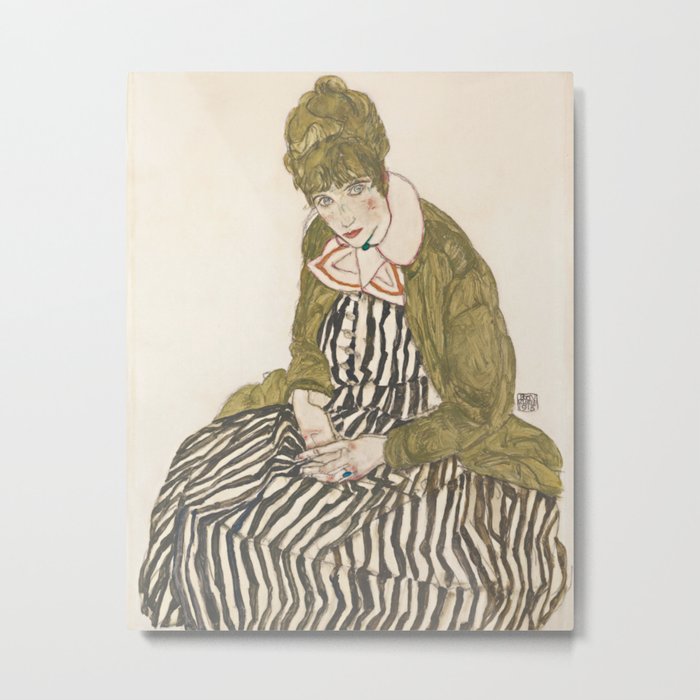 Egon Schiele - Edith with Striped Dress, Sitting Metal Print