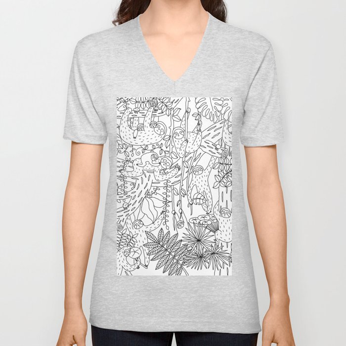 Happy Sloths Jungle - Line Art V Neck T Shirt