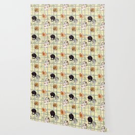 Sleeping Cats Pattern/Hand-drawn in Watercolour/Yellow Check Background Wallpaper