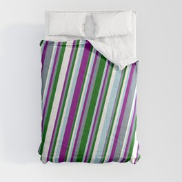 [ Thumbnail: Light Blue, Purple, Light Slate Gray, Dark Green & White Colored Striped Pattern Comforter ]
