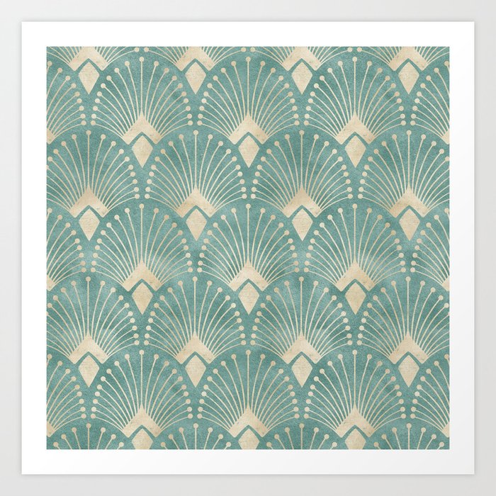 Art Deco Fans Pattern in Teal Art Print